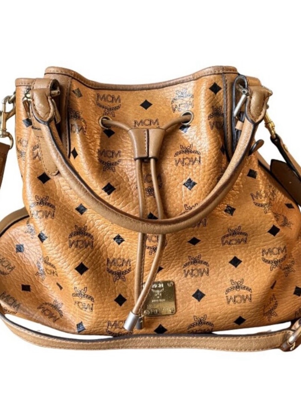 MCM Cognac Logo Visetos Drawstring Shoulder Bag